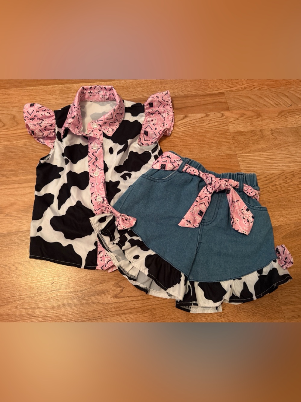 Cow Print & Pink Bandana Two-Piece Outfit with Denim Skirt
